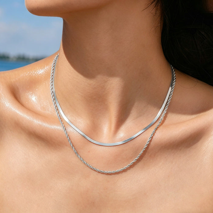 Wholesale 2pcs Stacked necklaces,  plain chain,  snake bone,  titanium steel chain