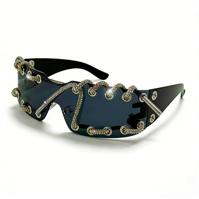 Wholesale Cyberpunk Rimless Rhinestone Sunglasses with Metal Rings and Rivets