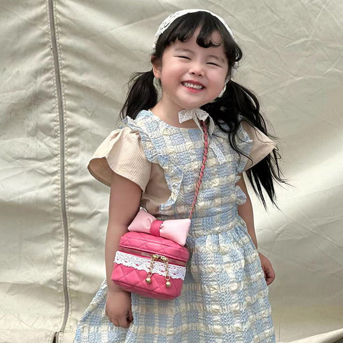 Wholesale Children's bag bow bucket bag cute contrasting color girl chain crossbody bag