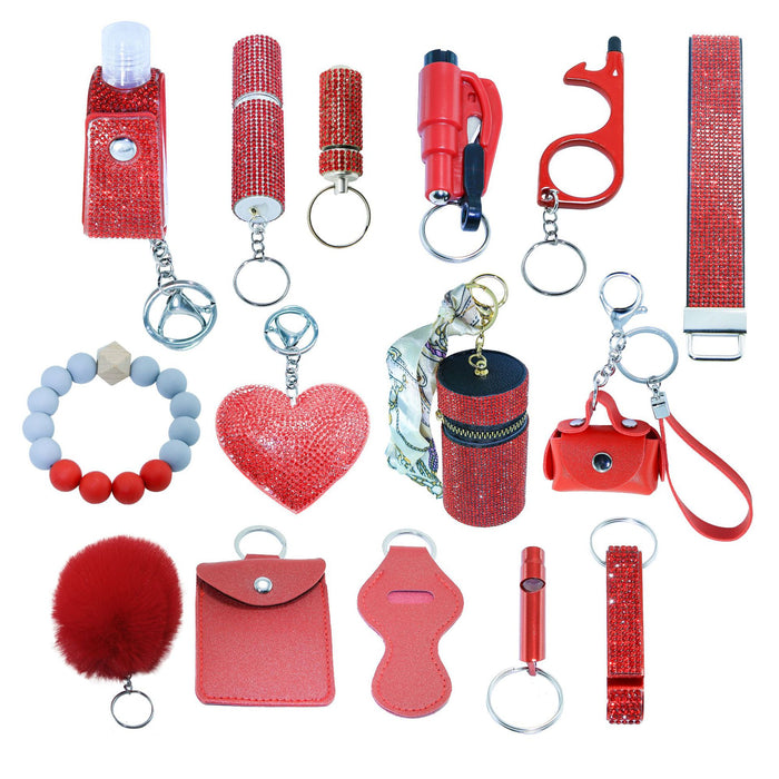Wholesale Rhinestone Lipstick 15 Piece Keychain Set PU Leather Trendy Self Defense Accessory For Women Boutique Resale
