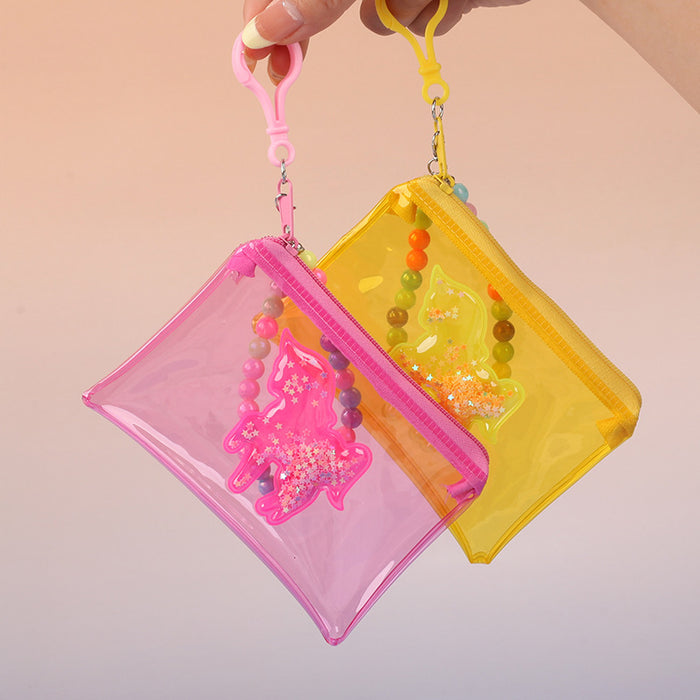 Wholesale Waterproof Unicorn PVC Transparent Card Bag With Quicksand Design Pink Bead Chain Coin Purse