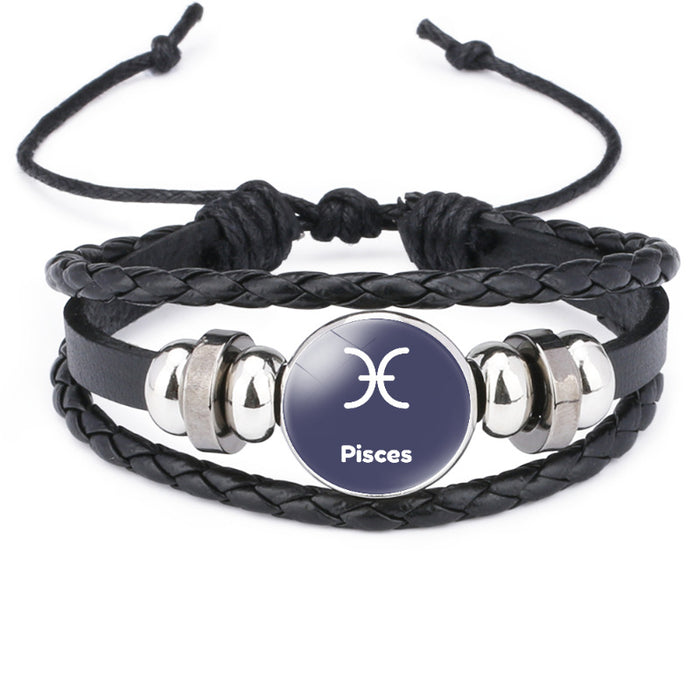 Wholesale Twelve Constellations Time Gemstone Black Leather Multi-layer Braided Bracelet JDC-BT-DMu003