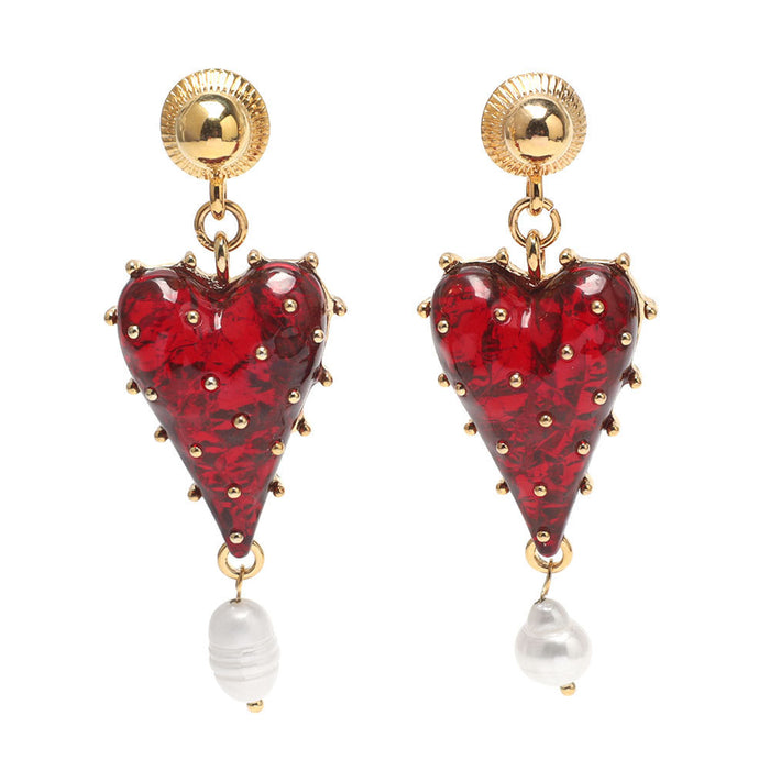 Wholesale Semi-transparent red tassel heart-shaped earrings