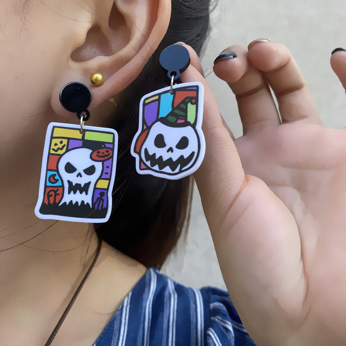 Wholesale  Series Earrings Acrylic Double-Sided Printing Funny Skull Pumpkin Cartoon Earrings