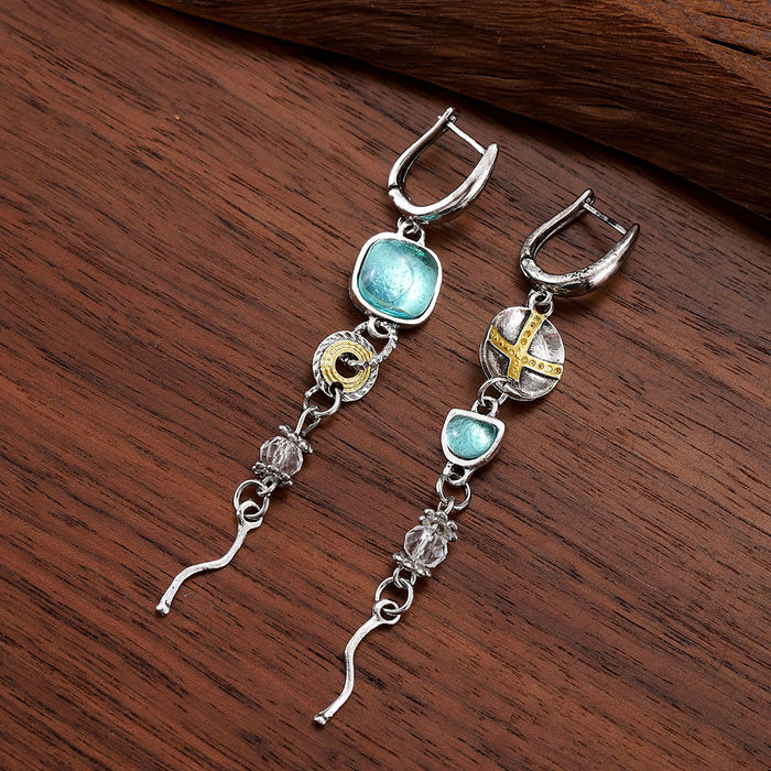 Wholesale Asymmetrical sapphire engraved cross earrings,  made of old metal,  high-end and versatile earrings