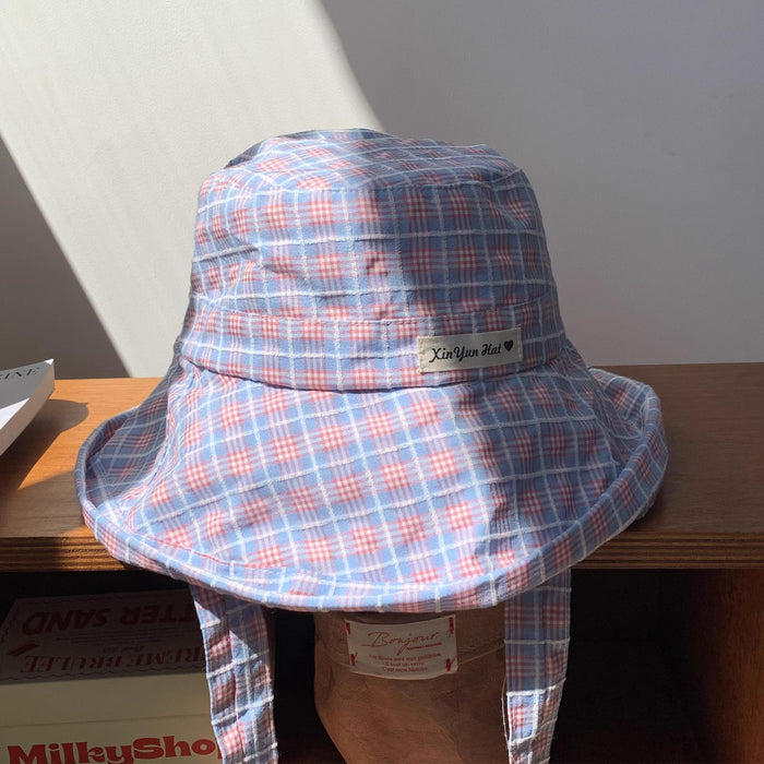 Wholesale Sweet plaid lace up fisherman hat versatile large brim sun protection hat UV resistant sun protection hat