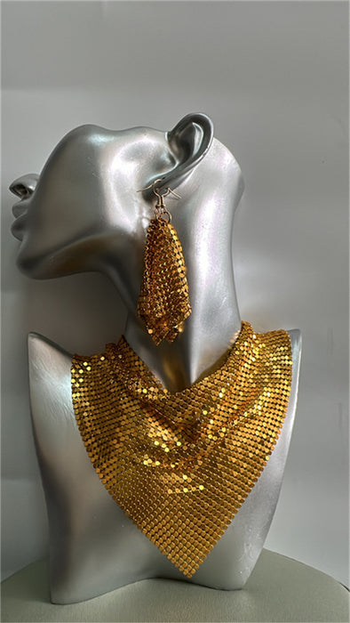 Wholesale Triangle scarf sequin silk scarf necklace set with exaggerated personality collarbone necklace earrings pendant