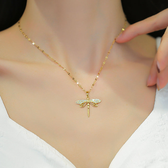 Wholesale Titanium Steel Hollow Dragonfly Inlaid Real Gold Necklace JDC-NE-LG048