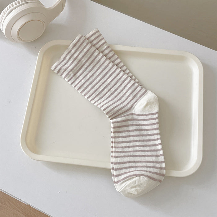 Wholesale Cream striped socks, medium socks, thin cotton socks, sports stockings