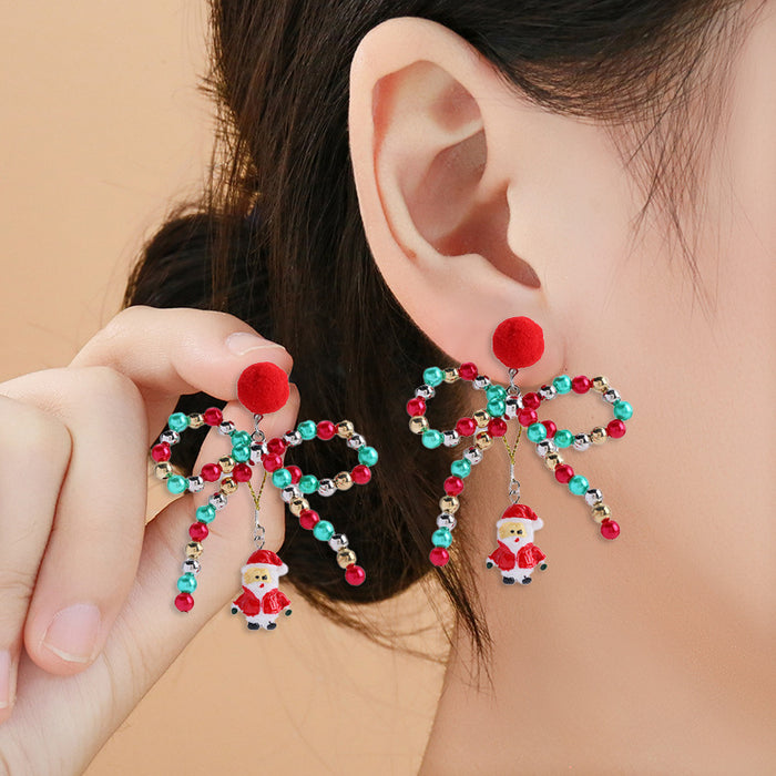 Wholesale Color Beaded Bow Hair Ball Earrings Creative Santa Pendant Christmas Earrings