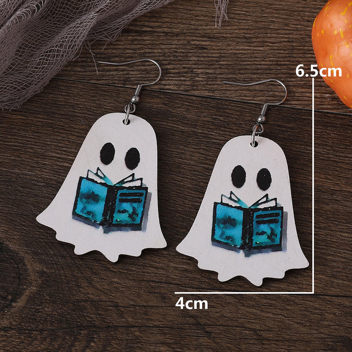 Wholesale  Gothic Style Cute Ghost Flower Book Pocket Ghost Pendant Wooden Double-Sided Earrings