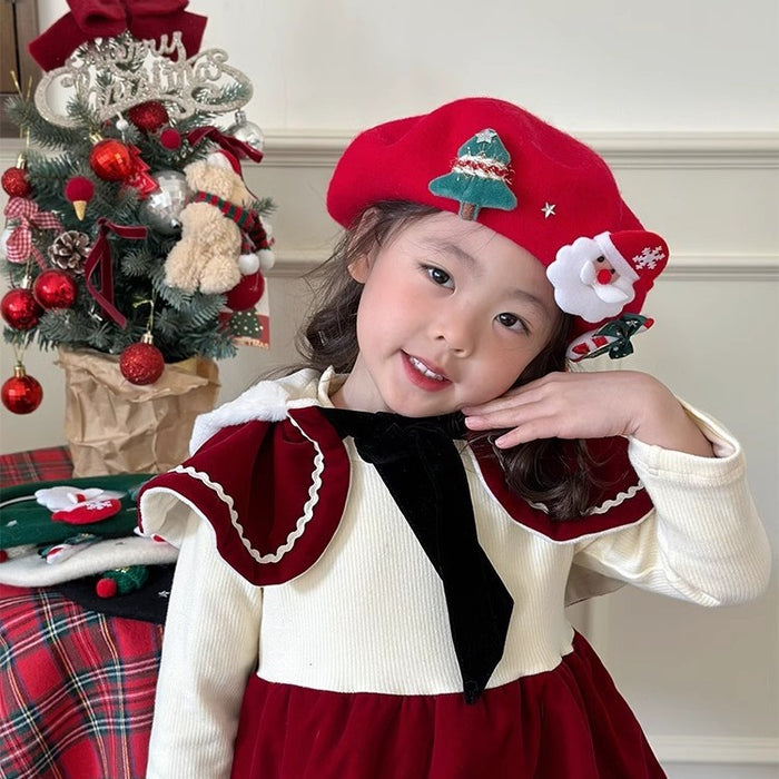 Wholesale Autumn and Winter Christmas Family Beret Sweet Kidsren' s Painter Hat Cute Versatile Warm Wool Red Hat for Girls