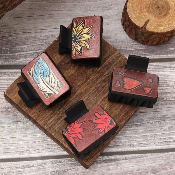 Wholesale Western Wind Sunflower Feather Pattern Leather Hairpin Shark Clip Women' s Grab Clip