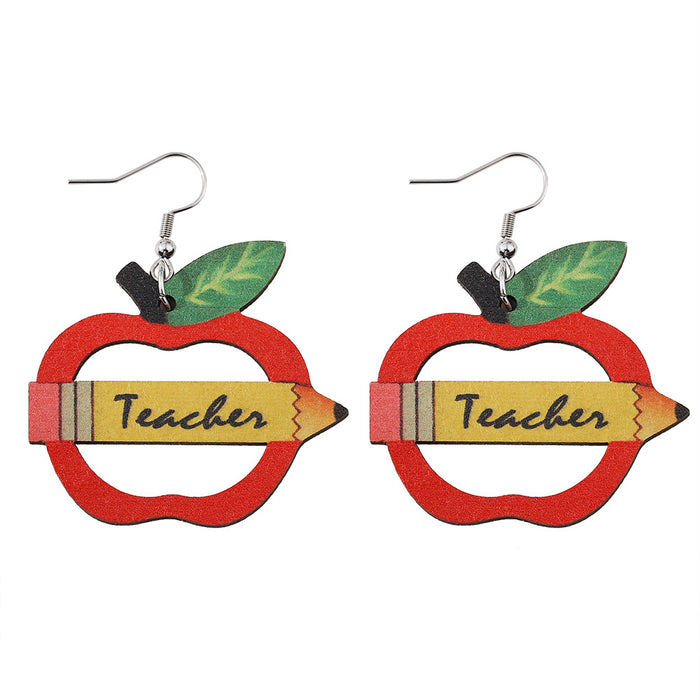 Wholesale Personalized pencil apple teacher drop earrings graduation back to school season teacher double-sided wooden earrings