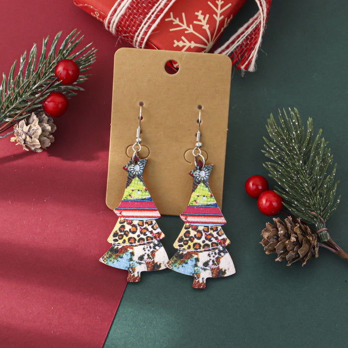 Wholesale Cartoon Christmas element printed wooden earrings for women Christmas tree earrings