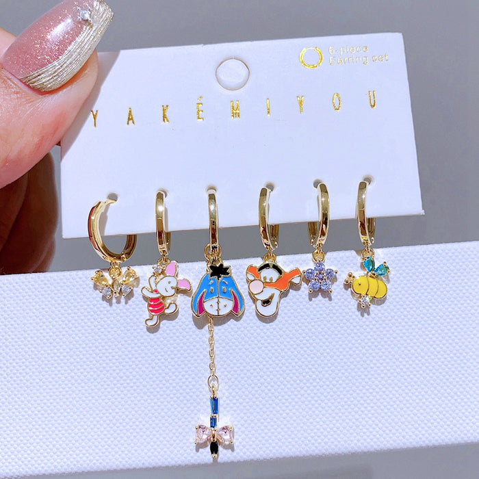 Wholesale   Cute Cartoon Ear Buckle 6-piece Set Color Drop Glaze Asymmetric Earrings Earrings