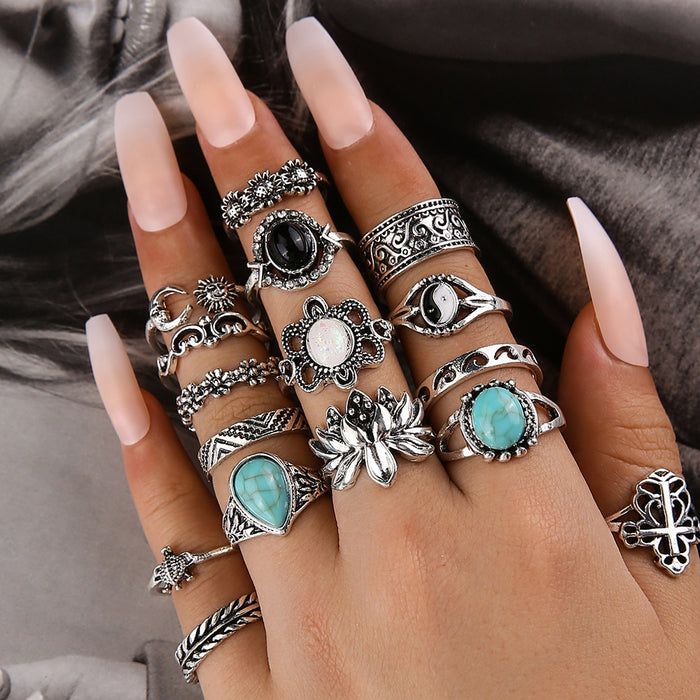 Wholesale Ethnic Style Retro Turquoise Carved Feather Ring Fashionable and Personalized 8-Piece Combination Ring Set