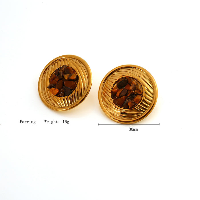 Wholesale New Fashionable Luxury Design Stainless Steel Circular Texture Set with Natural Stone Opening Ring and Earring Set