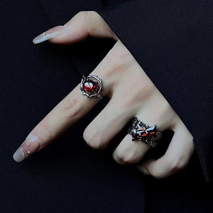 Wholesale Vintage red geometric gemstone design ring, niche personality punk hollow texture metal ring