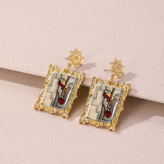 Wholesale Retro gold frame earrings abstract woman famous painting exaggerated earrings crying woman earrings
