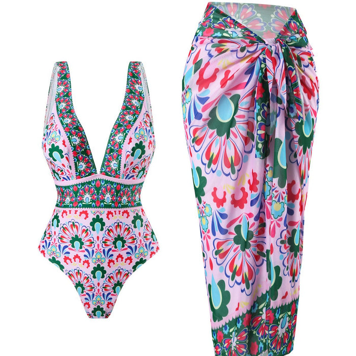 Wholesale Sexy bikini one-piece swimsuit chiffon skirt wrapped skirt, shoulder V-neck swimsuit, beach gathering, conservative coverage