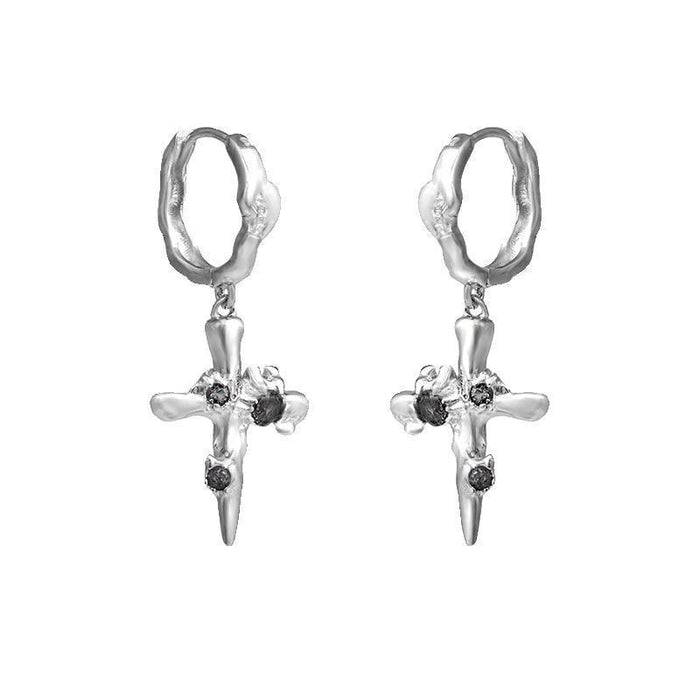 Wholesale Diamond studded cross earrings silver plated niche design earrings for men and women niche Hong Kong style personality versatile