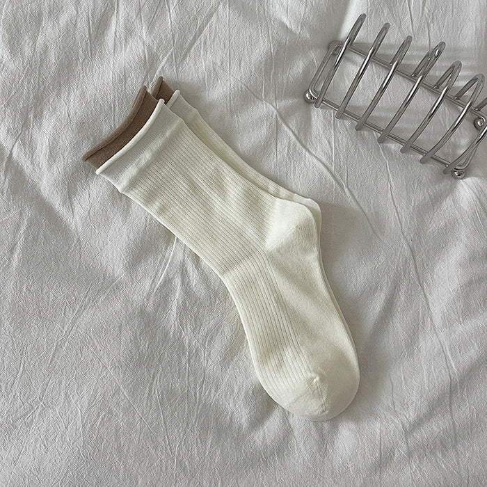 Wholesale Color blocking double-layer ribbed rolled edge boneless midsole socks with versatile vertical stripes for slimming and stacking socks