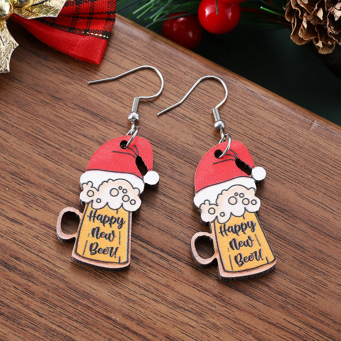 Wholesale New Year Beer Mug Wooden Double-Sided Earrings Holiday Party Gift