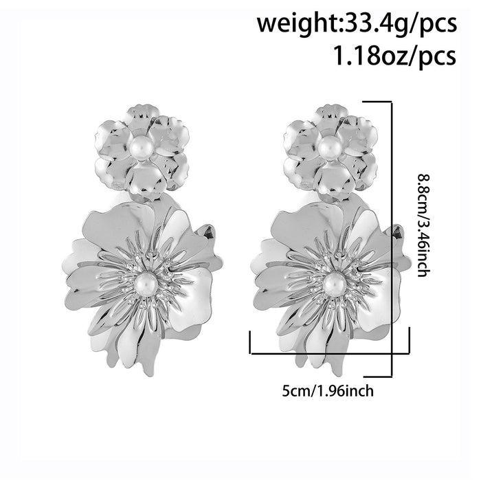 Wholesale New fashion accessories, flower earrings, exaggerated alloy pearl earrings, double-layer tassel earrings