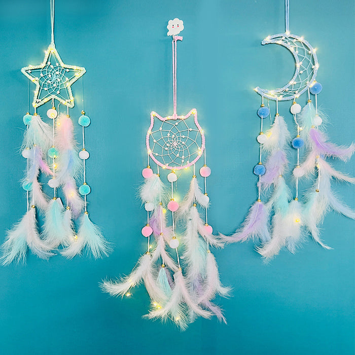 Wholesale Cat Head Dreamcatcher Hanging Ornament Handmade Pink Feather Decor MOQ≥2