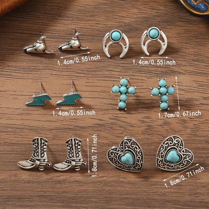 Wholesale Trendy Bohemian Turquoise Bull Head Flower Earrings For Women Alloy Handmade Jewelry Accessory Boutique Resale