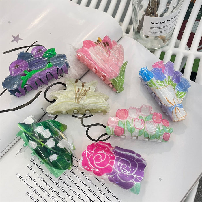 Wholesale Acrylic Flower Grab Clip Hand-painted Rose Lily Hair Accessories Dopamine Hairpin