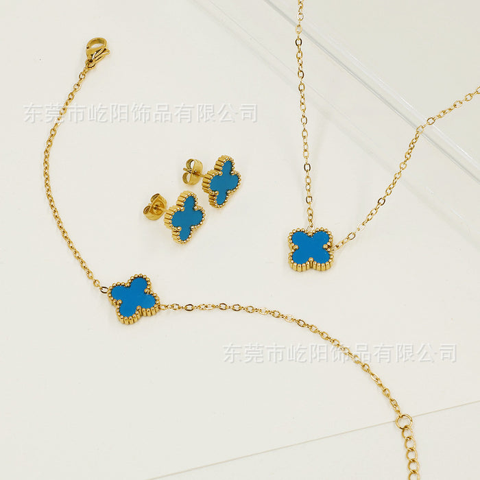 Wholesale Titanium Steel 18k Double Sided Lucky Four Leaf Clover Necklace Bracelet Earring Set JDC-NE-YiYang002