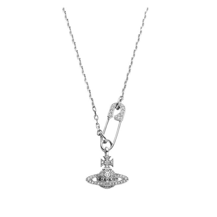 Wholesale Full diamond pin chain Saturn necklace women's paperclip collarbone chain