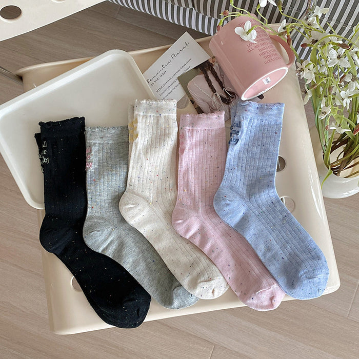 Wholesale Thin dotted yarn embroidered letters, mid tube socks, long tube socks, stacked socks, cotton