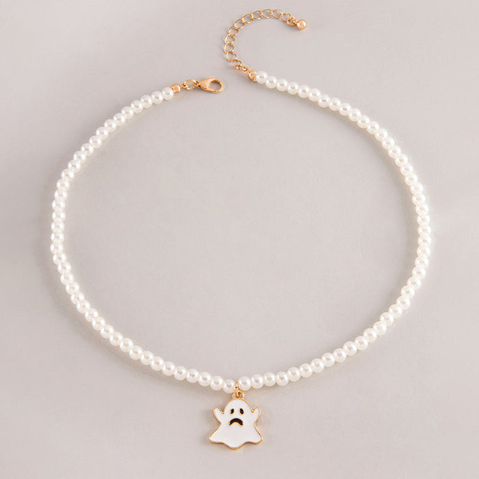Wholesale Ghost Pendant Necklace White Imitation Pearl Chain Trendy Fashion Accessory MOQ≥2