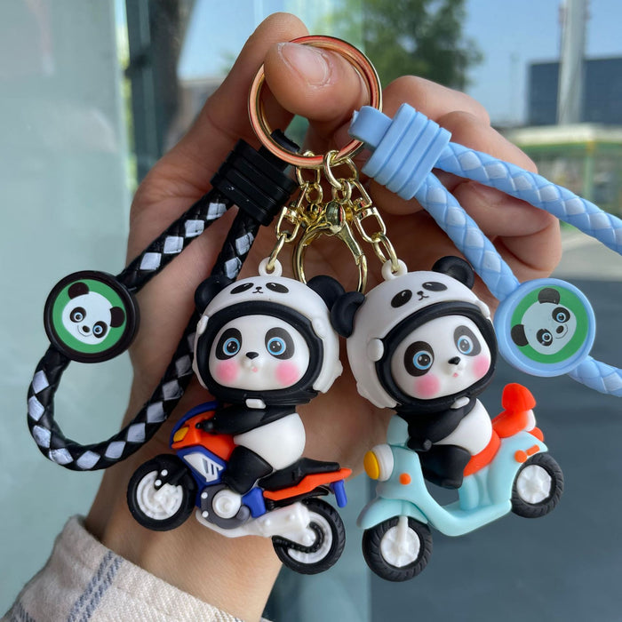Wholesale Cartoon Motorcycle Panda Keychain 3D Doll Car Keychain Bag Pendant Hanging Decoration Baby Grabbing Machine Small Gift