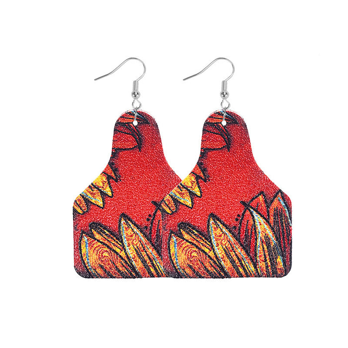 Wholesale Retro Western Cowboy Old Style Flower Bull Head Ethnic Style Print Women' s Leather Earrings