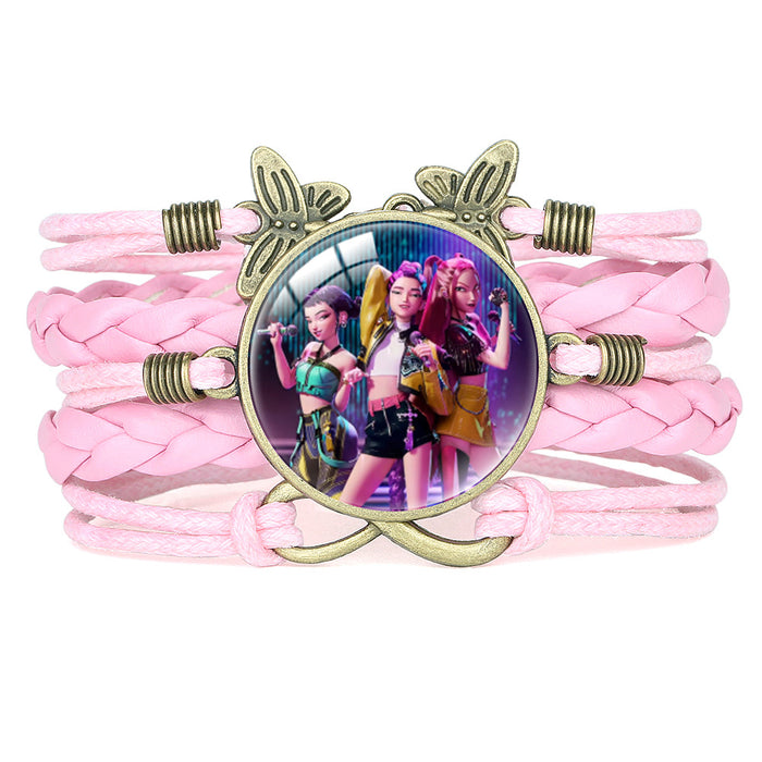 Wholesale KPOP Retro Butterfly Combination Cute Pink Multi-Layer Braided Girl Bracelet