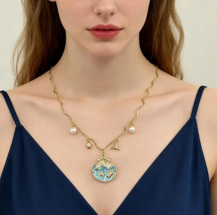 Wholesale Bohemian Starfish Shell Pendant Necklace Faux Pearl Ocean Series Beach Vacation Style
