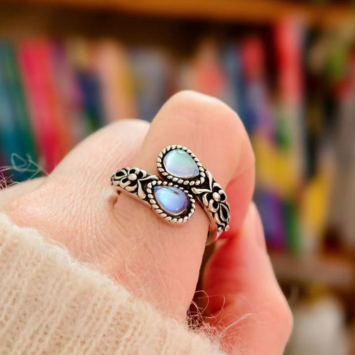 Wholesale Vintage Bohemian Copper Moonstone Ring Open Adjustable Spoon Bow Design Thai Silver Tone Women S Fashion Jewelry Accessory
