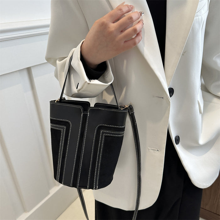Wholesale Street Trend Khaki PU Bucket Small Spliced Bag - Fashion Accessory Gift
