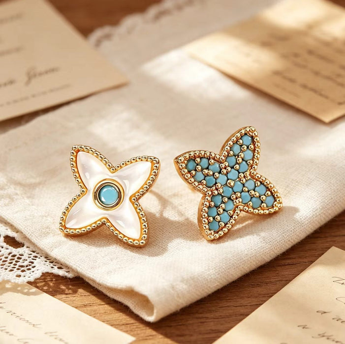 Wholesale Trendy Natural Shell Four Leaf Clover Asymmetrical Clip On Earrings For Women Electroplated Copper Fashion Jewelry Accessory