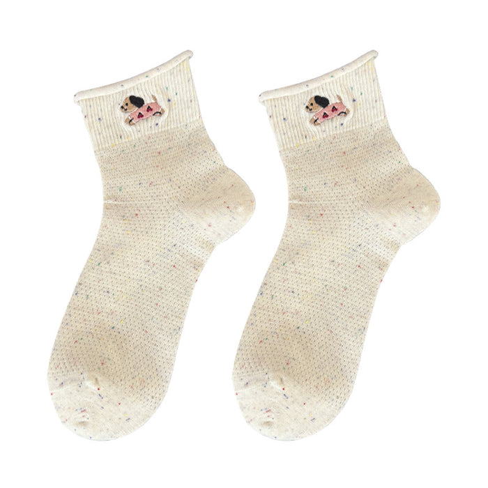 Wholesale Curled edge socks made of pure cotton, thin design, mid tube socks, sweat absorbing, odor proof, butterfly knot, versatile stacking socks