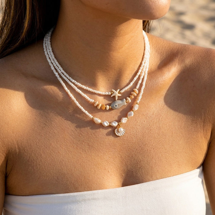Wholesale Bohemian Sea Shells Starfish Beaded Multi-Layer Choker Necklace Summer Beach Vacation