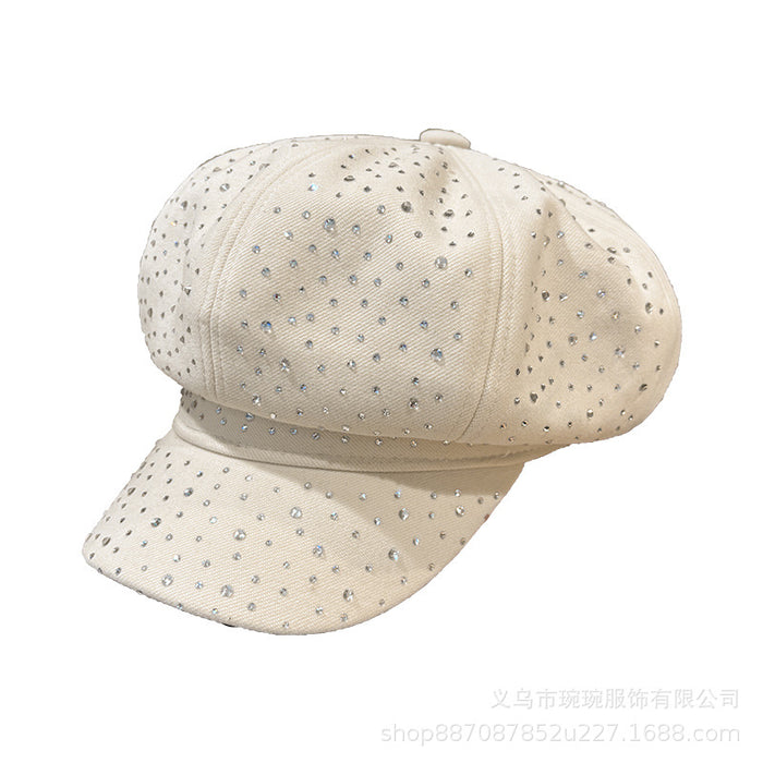 Wholesale small rhinestone octagonal hat female British vintage duck tongue newsboy hat