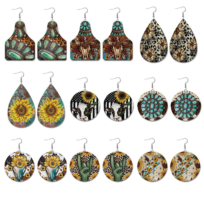 Wholesale Western retro leather earrings water drop Cow brand printing earrings