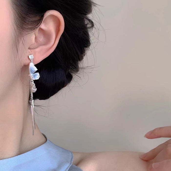 Wholesale Crystal tassel earrings, butterfly disc, pearl temperament earrings, personalized, fashionable, high-end earrings