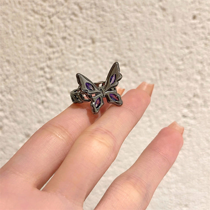 Wholesale Purple diamond black butterfly ring with unique and niche design, light luxury, open mouth, index finger, female