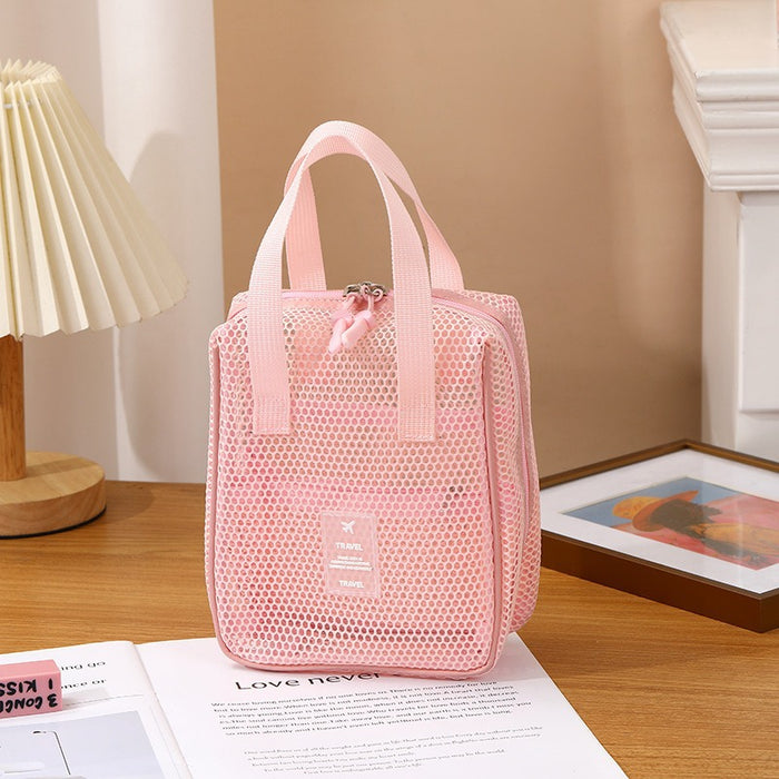 Wholesale Modern Multifunctional Mesh Cosmetic Bag 3 Piece Set Large Capacity Portable Foldable Travel Toiletry Organizer Handbag Pink